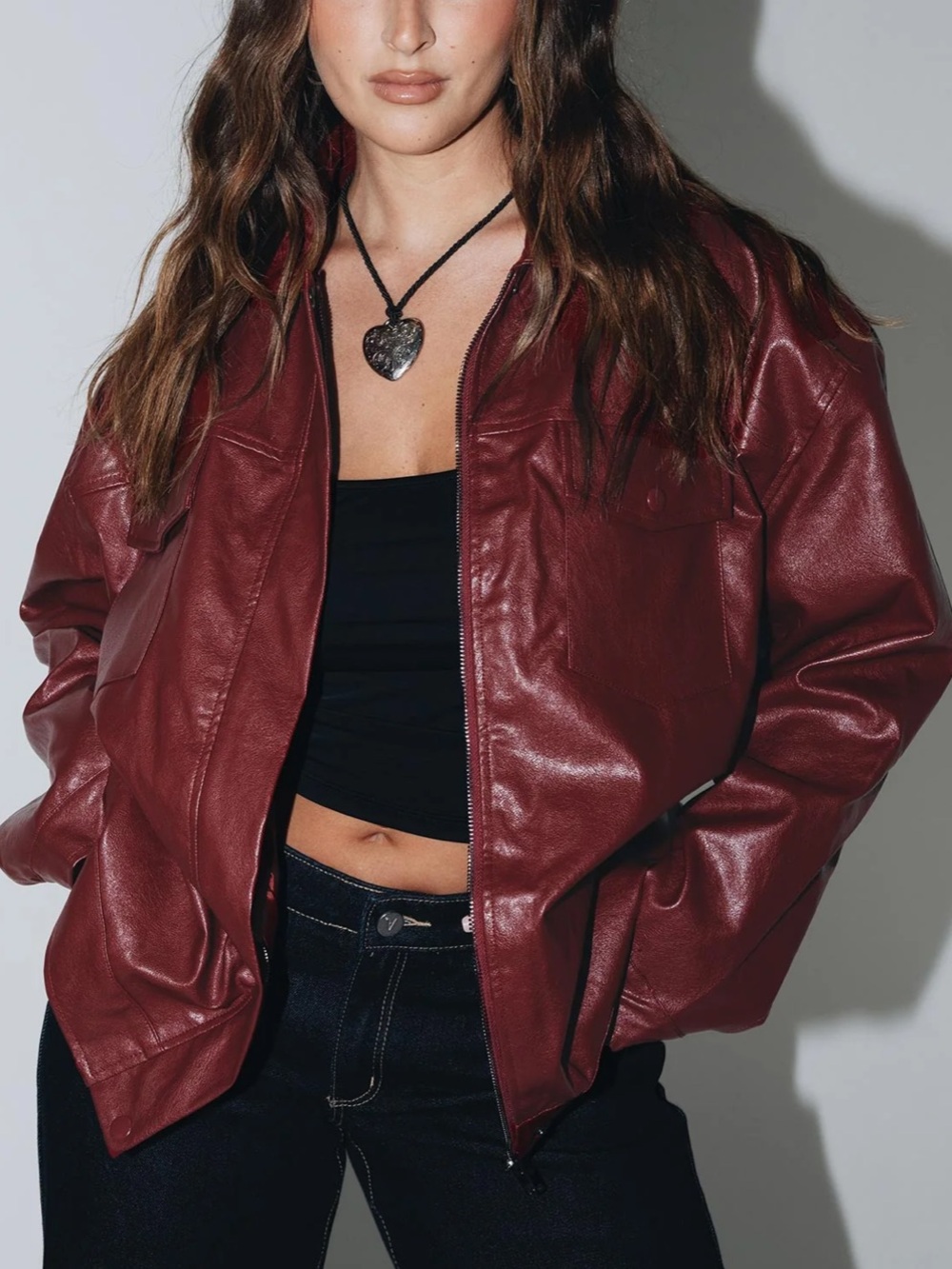 Princess Polly Callie Burgundy Faux Leather Oversized Jacket NWT 90s Inspired
